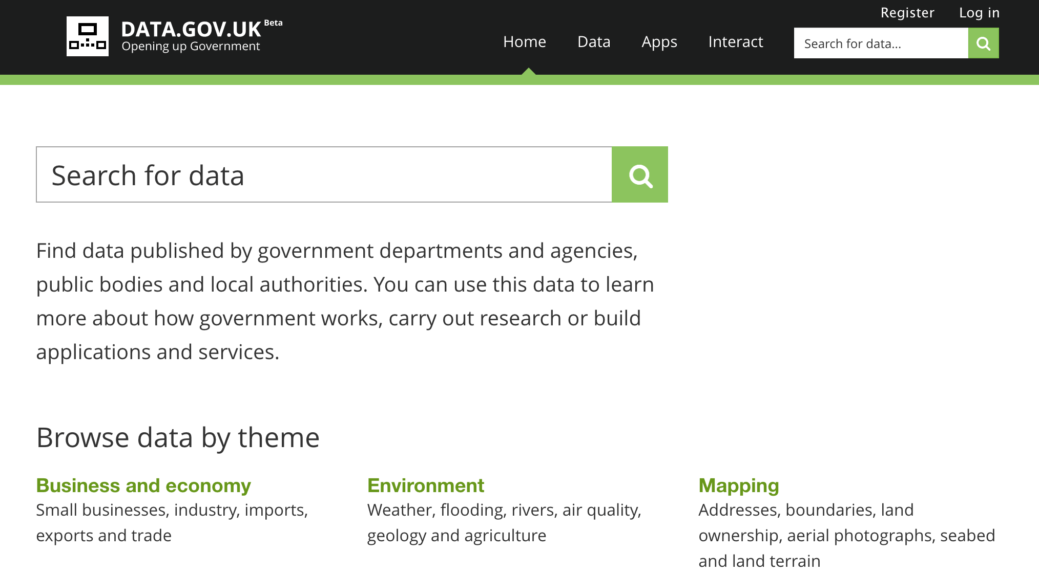 homepage del sitio data.gov.uk (UK)