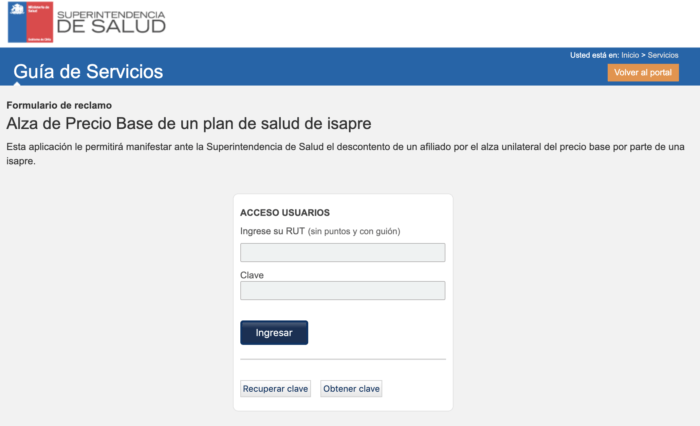 Página de acceso a trámite en Superintendencia de Salud