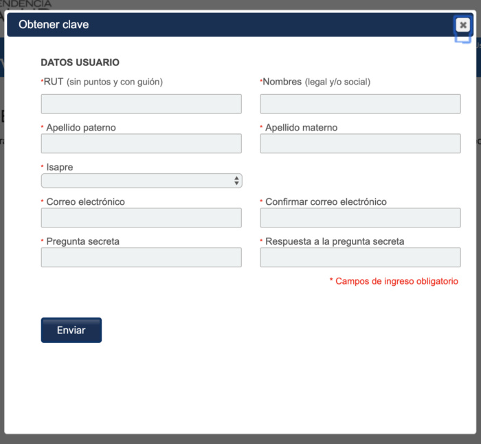 Formulario de registro en portal de superintendencia