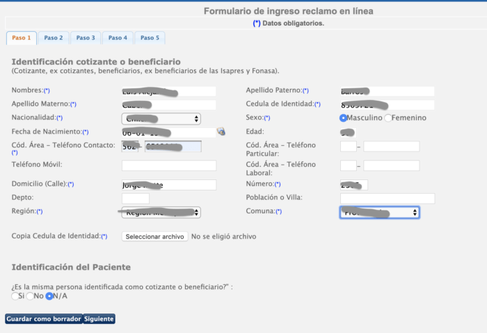 Formulario de ingreso del reclamo en linea