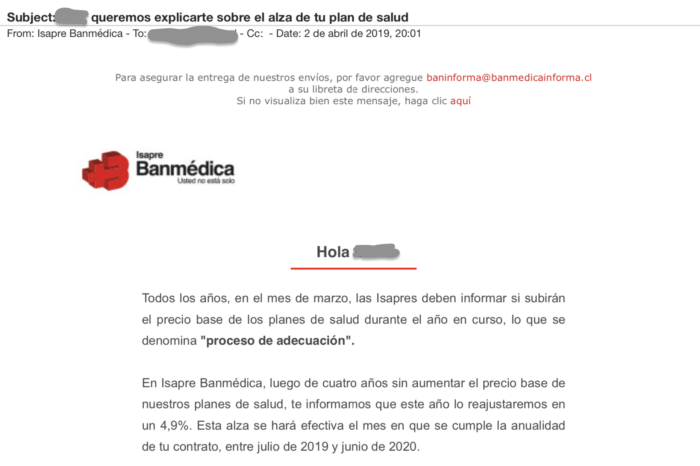 Carta para subir costos del plan