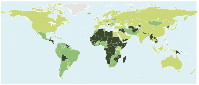 Mapa de calor de l índice  de  ciberseguridad de la ITU