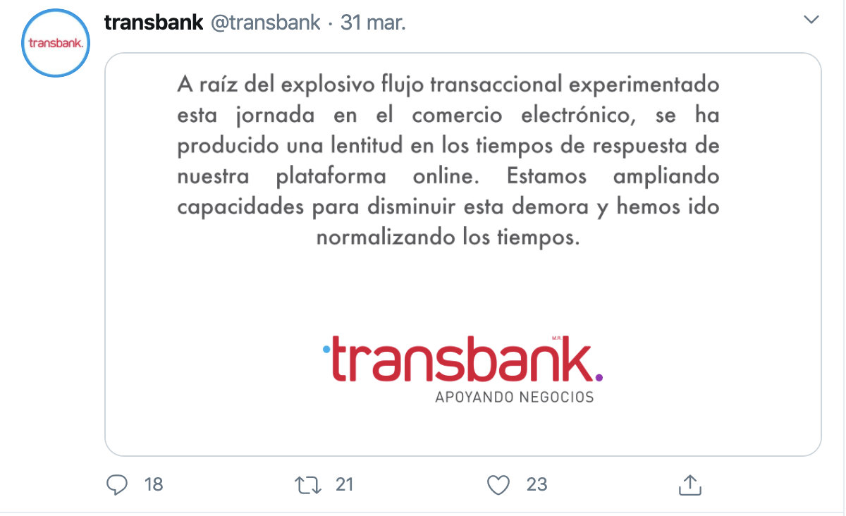 Mensaje de twitter del procesador de pagos Transbank