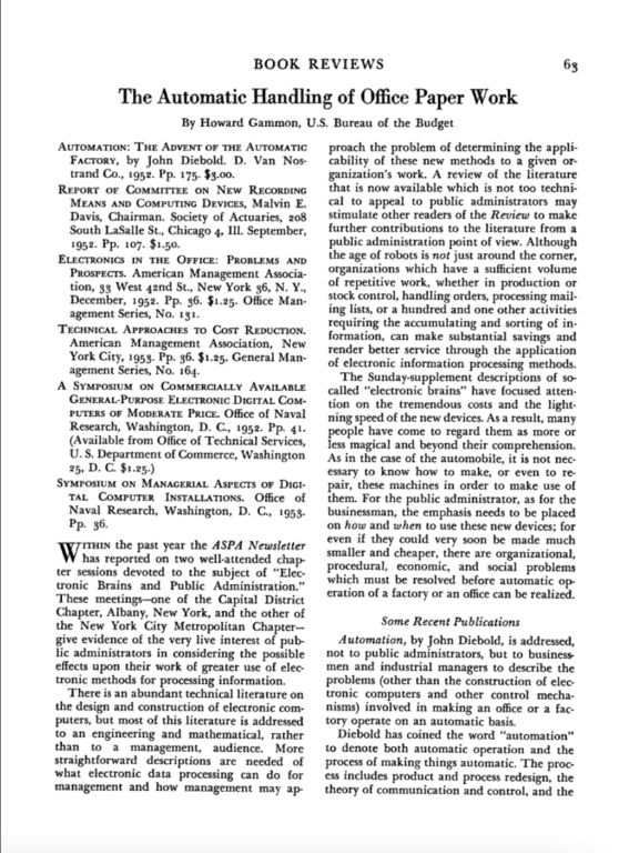 r The Automatic Handling of Office Paper Work, de Howard Gammon, publicado en 1954 en la Public Administration Review