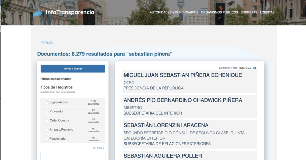 portal InfoTransparencia, búsqueda del patrón sebastián piñera