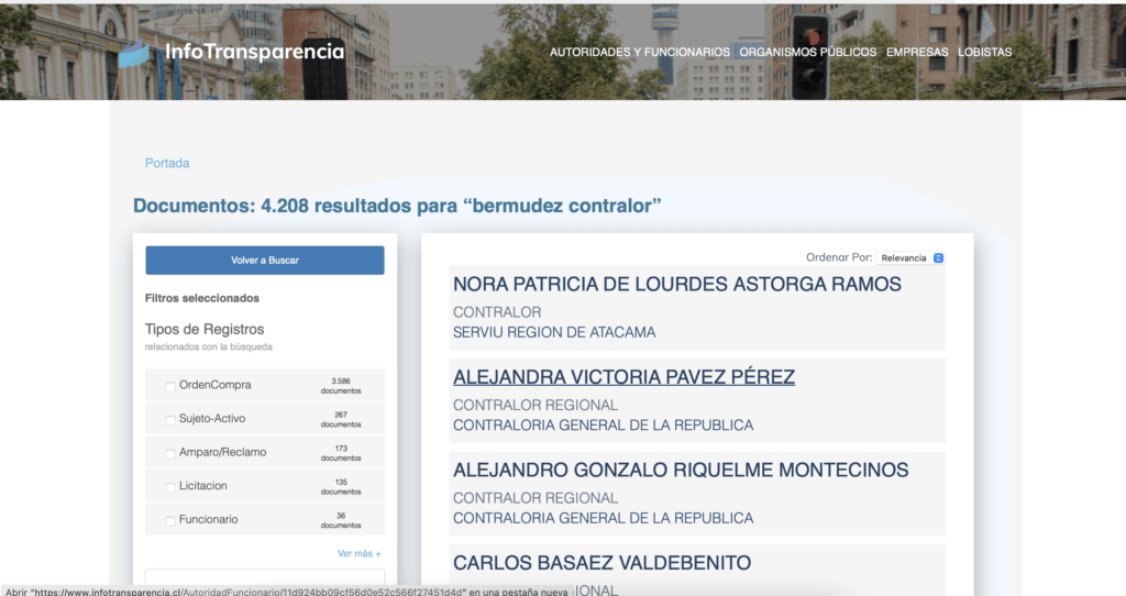 portal InfoTransparencia, búsqueda del patrón bermudez contralor