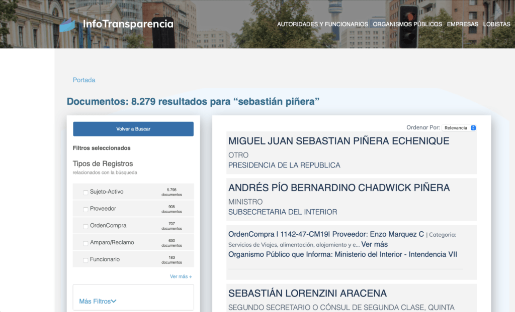 portal InfoTransparencia, búsqueda del patrón sebastián piñera