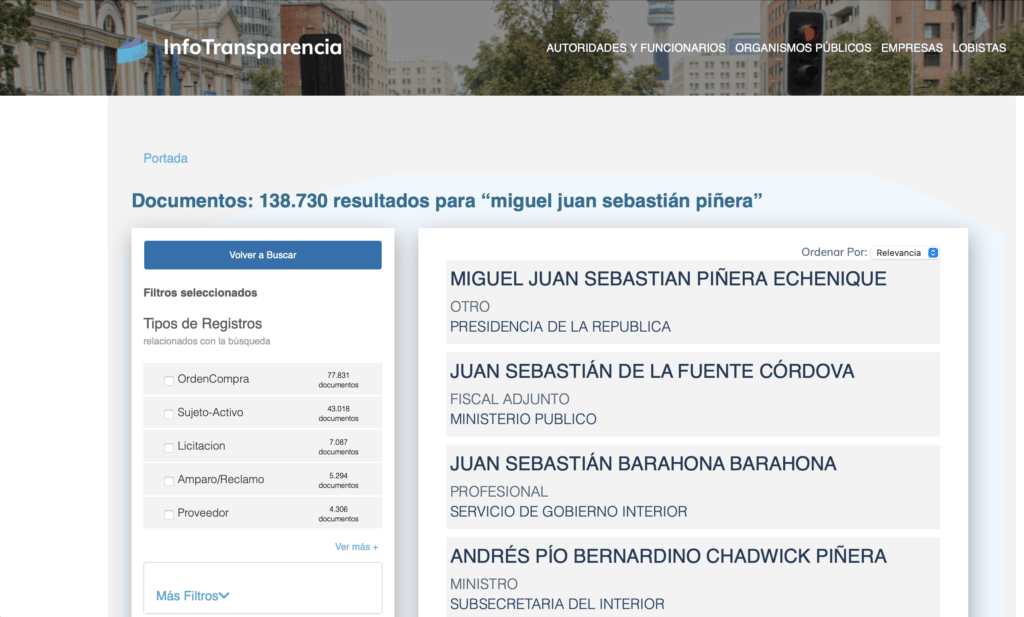 portal InfoTransparencia, búsqueda del patrón miguel juan sebastián piñera