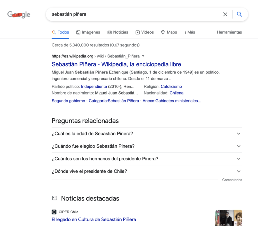 búsqueda del patrón sebastián piñera en Google