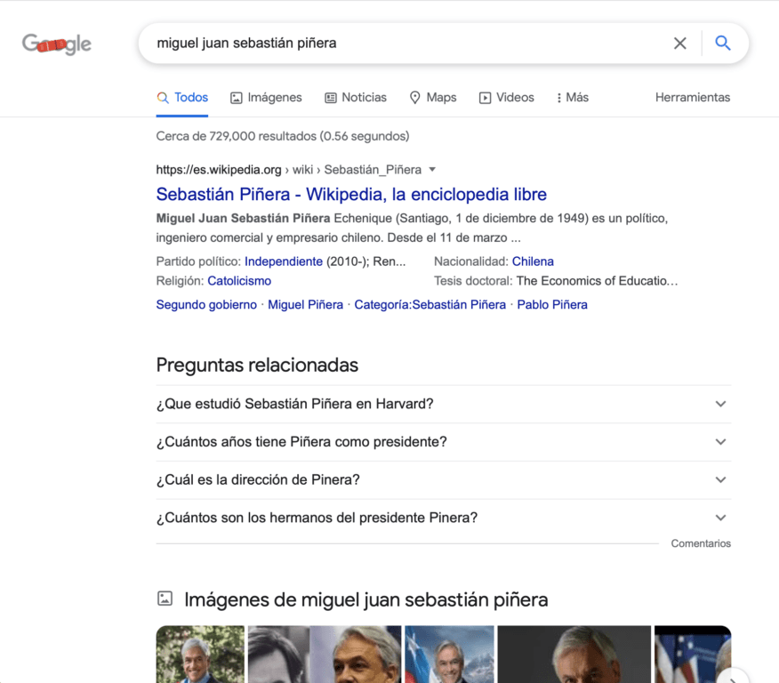 búsqueda del patrón miguel juan sebastián piñera en google