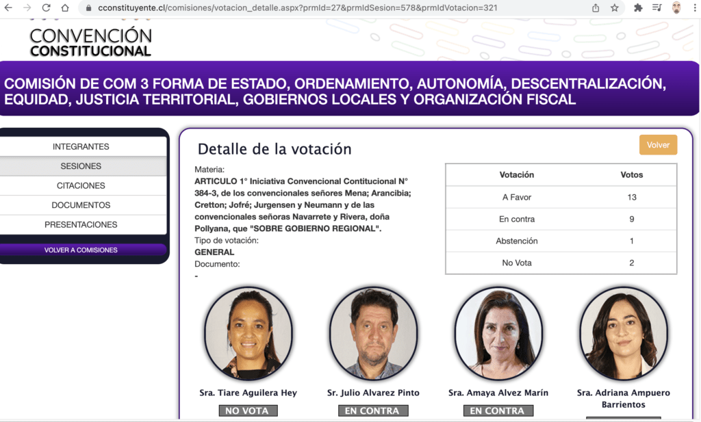 Sitio web e votaciones de las comisiones de la convención