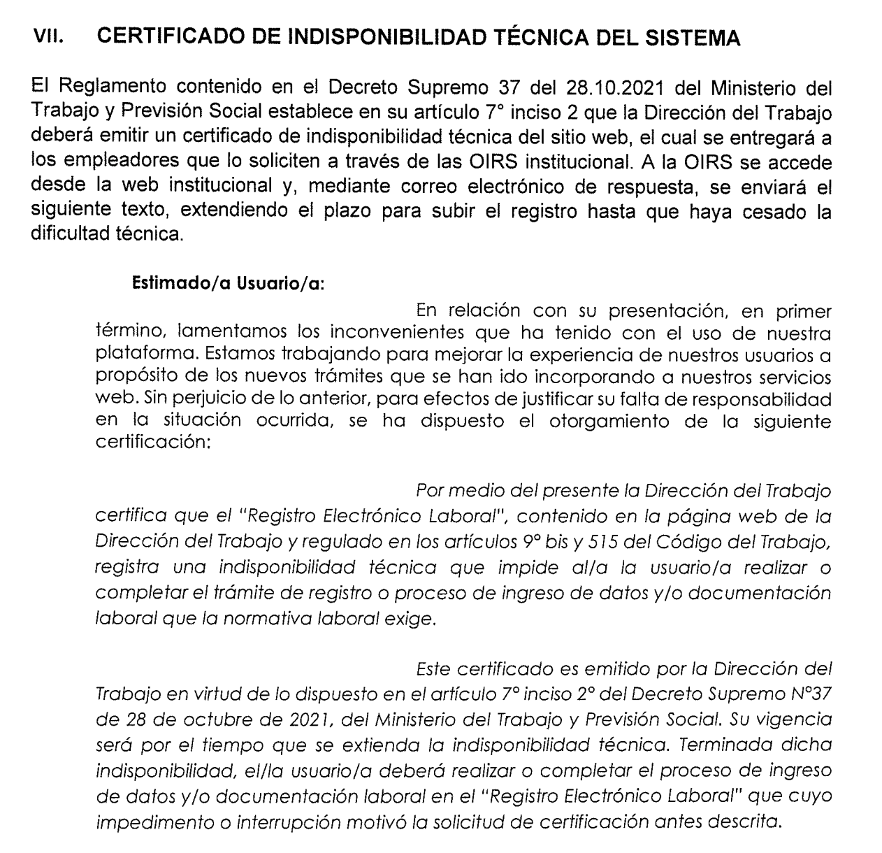 Párrafo de la orden de servciio Nº 3 sobre uso del Registro Electrónico Laboral
