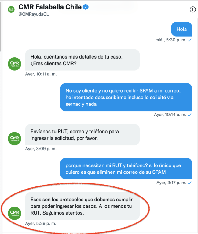 Respuesta a consulta de porque requieren más datos, mensaje directo de twitter