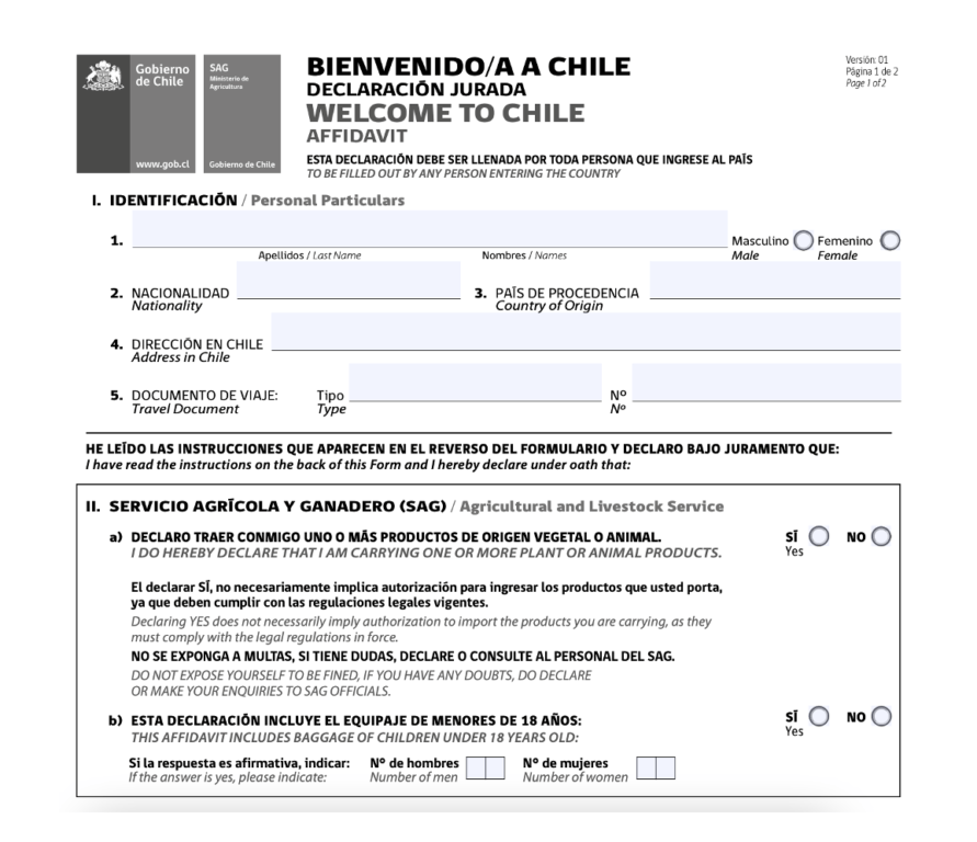 Declaración jurada SAG - formulario en papel