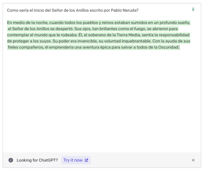 respuesta de ChatGPT a pregunta: ¿Cómo sería el inicio del Señor de los Anillos escrito por Pablo Neruda?