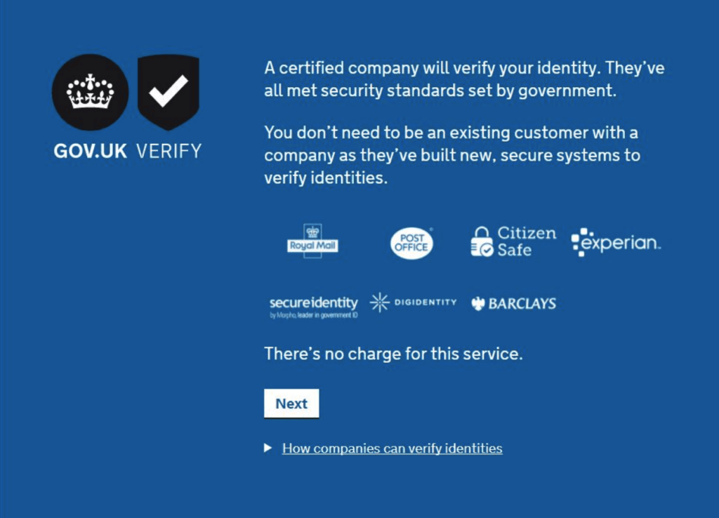 home page del servicio GOV.UK Verify