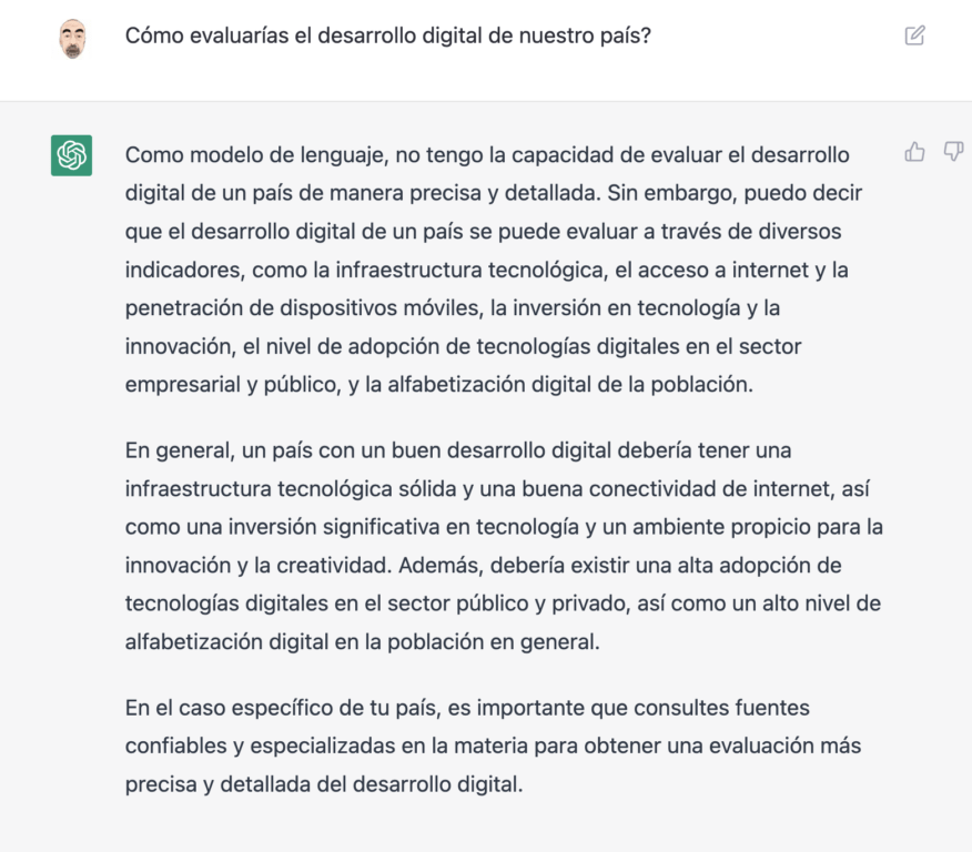 Respuesta de ChatGPT a la pregunta: ¿Cómo evaluarías el desarrollo digital de nuestro país?