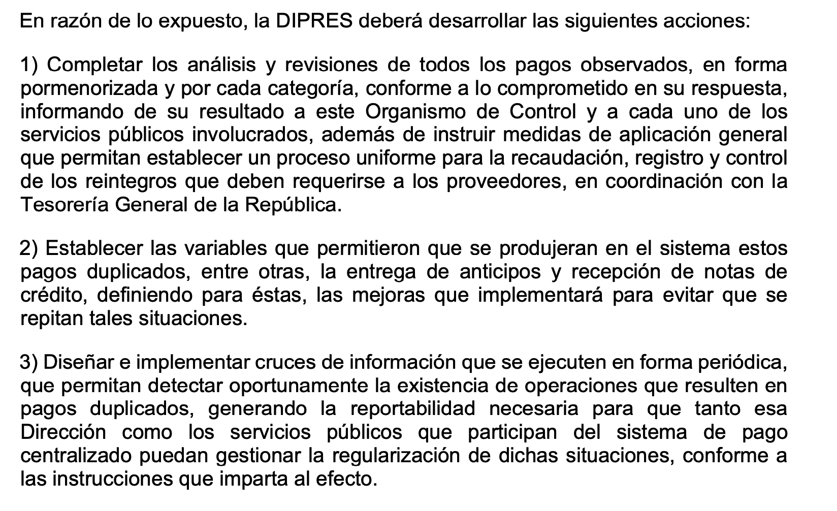 Exigencia de la Contraloría a Dipres respecto del sistema de pago centralizado