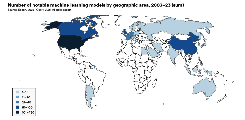mapamundi con el desarrollo de la IA por país