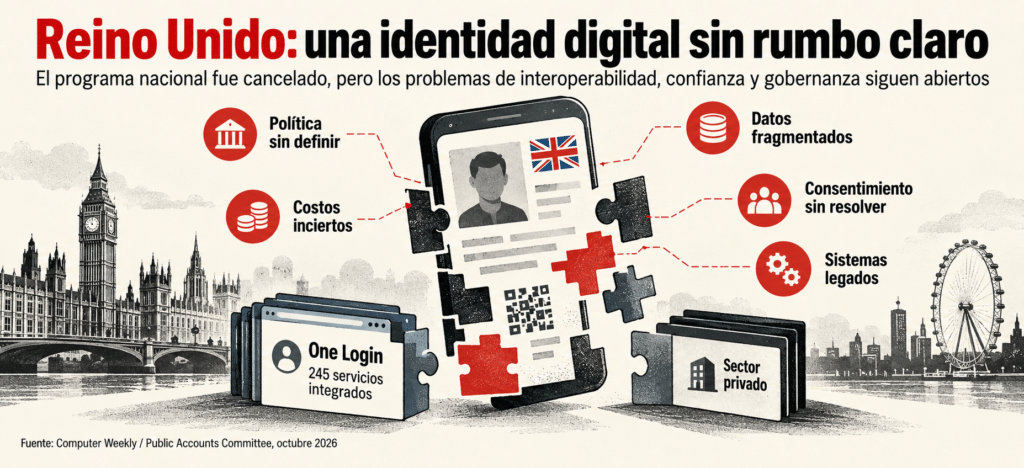 Infografía que muestra los problemas actuales de la estrategia de eID del Reino Unido